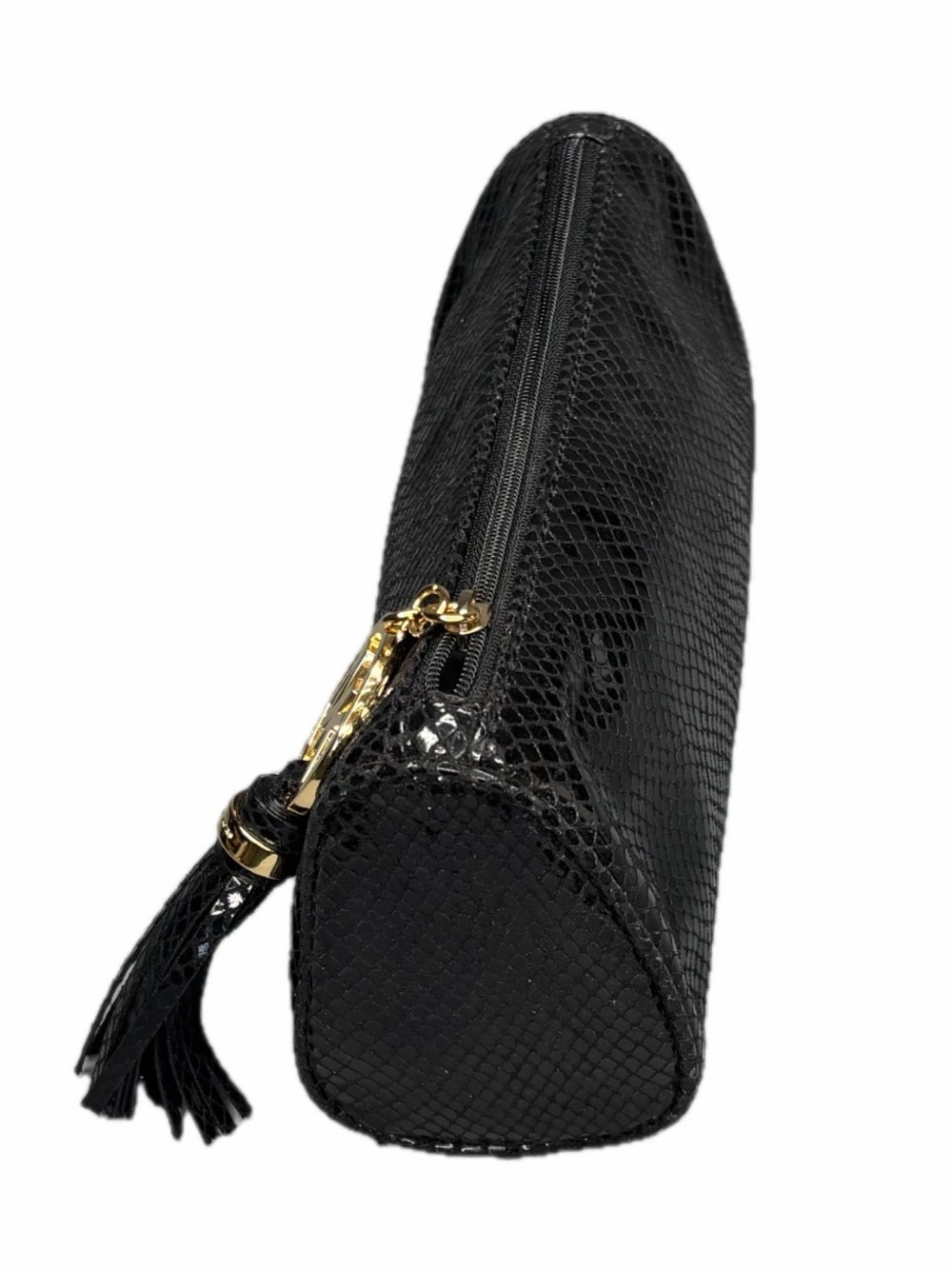 Michael Kors Black Snake-Embossed Leather Cosmetic Pouch w Gold MK Tassel EUC - Picture 7 of 15